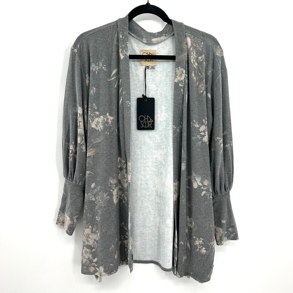 NWT CHASER Gray Vintage Floral Print Puff Sleeve Open Cardigan Sweater Medium